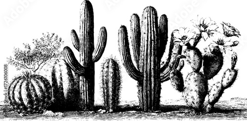 Vintage etching of diverse flowering cacti varieties for retro botanical design
