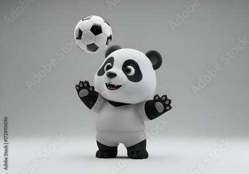 A delightful 3D rendering of a cute panda bear mascot character playing with a soccer ball. This joyful animal athlete in a sports jersey embodies fun, games, and friendly competition
