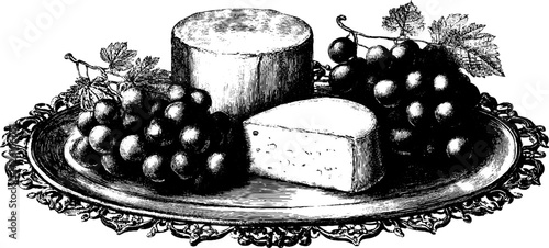 Vintage cheese platter with grapes artwork for culinary design
