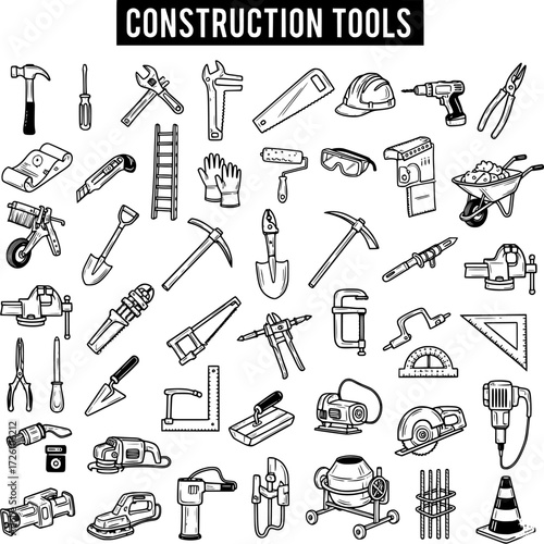 Construction Tools Doodle Set: Hand-Drawn Vector Illustration of Building and Repair Equipment