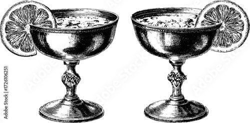 Vintage cocktail garnishes with lemon slices in engraving style design for cards or posters