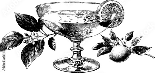 Vintage cocktail garnishes with lemon slice and leaves in engraving style for design use