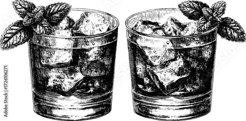 Vintage cocktail garnishes with mint sprig in engraving style for design and decoration