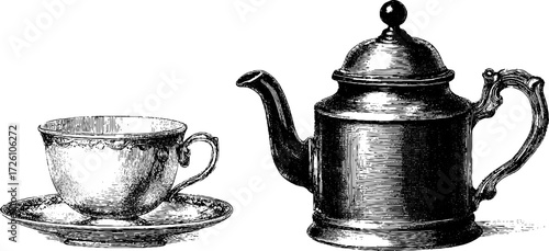 Vintage coffee and tea set engraving for retro design