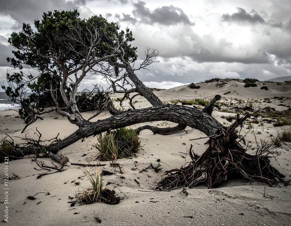 Fototapeta premium Fallen tree in sandy dunes under a cloudy sky