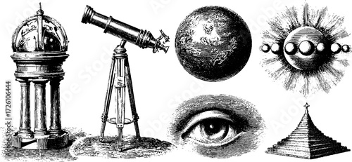 Cosmic and astronomical vintage engraving with dna spiral elements for retro design