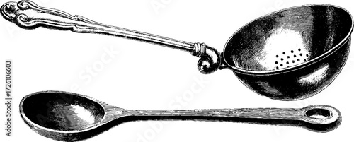 Vintage culinary utensils illustration: engraved style ladle and wooden spoon design for kitchen decor