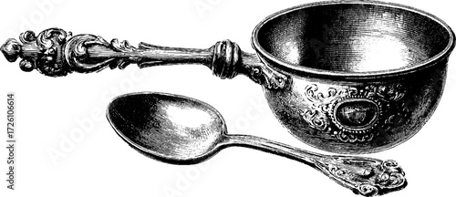 Vintage culinary utensils in engraving style featuring ornate ladle and cup design for kitchen decor