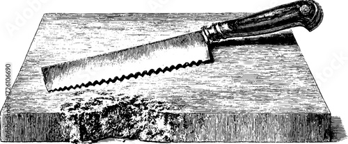 Vintage etching of small chopping board and serrated knife for kitchen decor