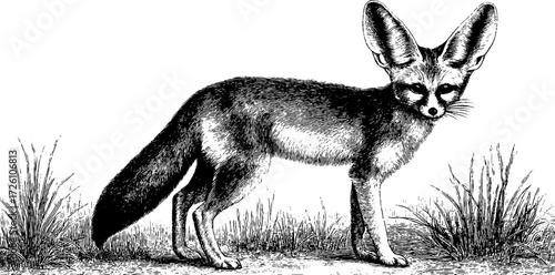 Vintage etching of fennec fox in desert landscape for retro design and print