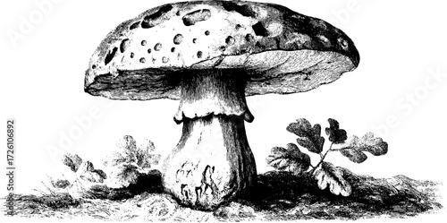 Edible mushrooms engraving of porcini with vintage botanical design for art and decor