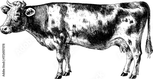 Vintage engraving of farm animal cow silhouette in side profile for design