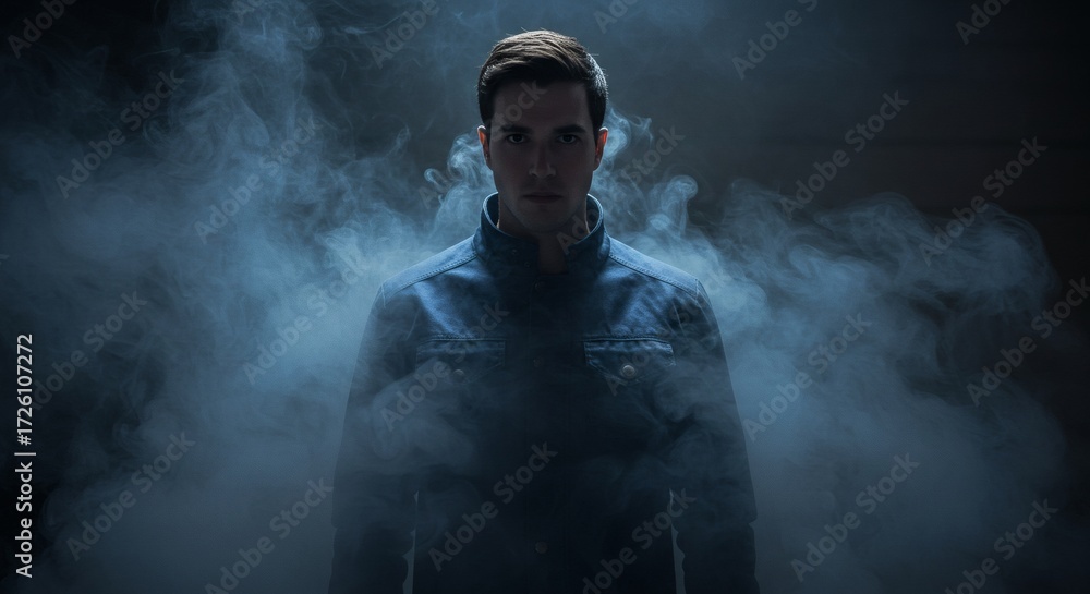 Obraz premium Mysterious Male Silhouette in Blue Jacket Shrouded in Smoke. Enigmatic Figure, Hidden Identity, Dark Atmosphere. Intrigue and Secrecy.