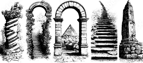 Forgotten ruins collection: ancient arches and steps with pyramid background for design