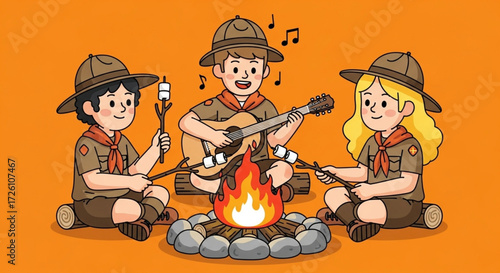 World Scout Day Joyful cartoon illustration of young scouts gathered around a campfire, roasting marshmallows and playing guitar, celebrating friendship and outdoor adventure