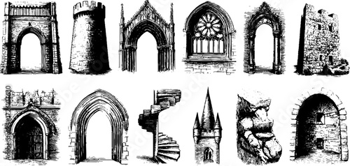Gothic architecture collection: hand drawn illustrations of arches, towers, and stone structures