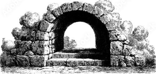 Abstract convergence of lines into archway structure with stone pathway sketch