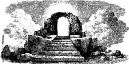 Surreal gateway with stone stairway and radiant abstract sky design for prints and posters
