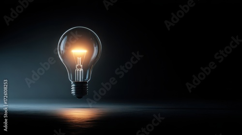 Illuminated Lightbulb Floating Above Reflective Surface Against Dark Background.