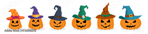 Halloween pumpkins with witch hats cartoon vector set