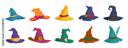 Halloween witch hats set cartoon wizard costume caps vector illustration