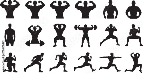 Collection of 20 black fitness silhouette icons showing various exercises and poses male bodybuilder