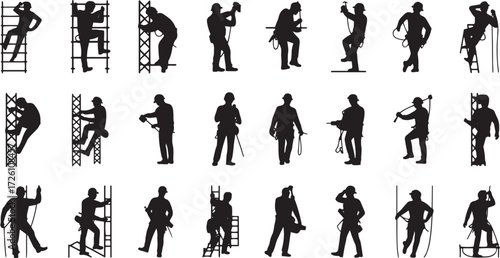 Collection of 20 black silhouette construction workers climbing ladders and towers climber