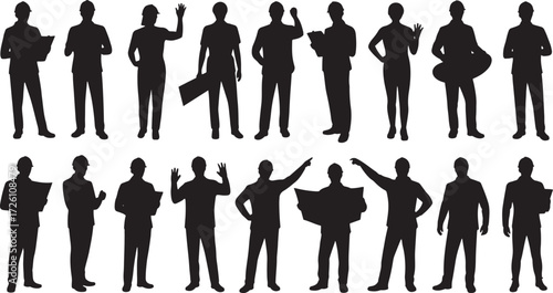 Collection of 22 black silhouettes of construction workers and architects with blueprints and tools hard hat