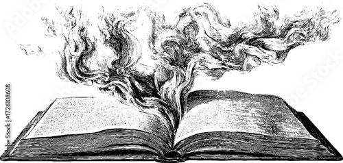 Vintage sketch of open book with flowing art lines for creative design