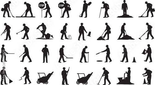 Collection of 28 black silhouettes of construction workers performing various tasks person