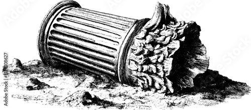 Ancient broken column in vintage hand drawn style for historical design and art projects