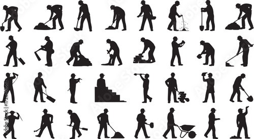 Collection of 30 black construction worker silhouettes performing various tasks male laborer