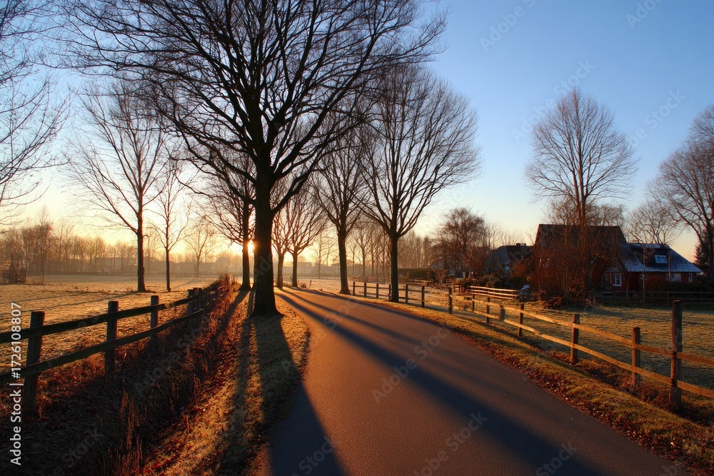 Fototapeta premium Country road at sunrise, silhouettes of bare trees