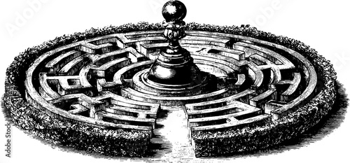 Intricate circular labyrinth maze design top view for creative use