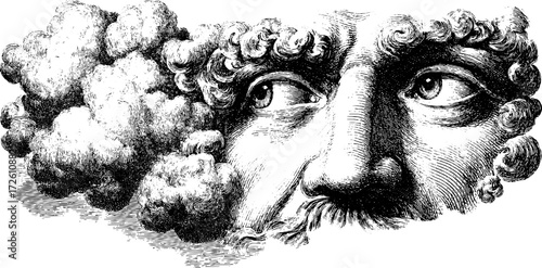 Surreal vintage illustration of clouds forming a human face in an engraved style for design projects