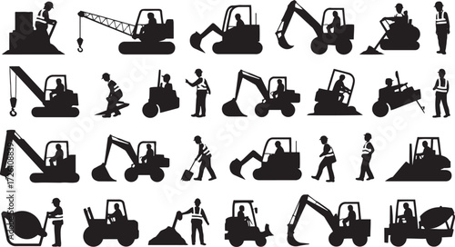 Collection of black construction worker and heavy machinery silhouettes white background