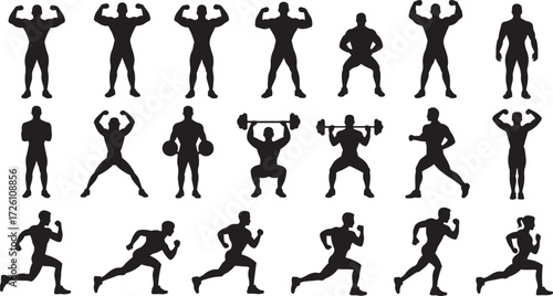 Collection of black fitness silhouettes showing various exercises and poses woman