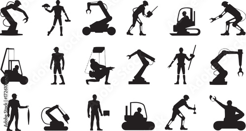 Collection of black silhouettes of robots construction workers and vehicles vector