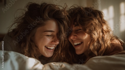 Two friends share a joyful moment in a cozy, sunlit bedroom, their laughter echoing warmth and connection. This candid scene captures the essence of friendship, happiness, and comfort.