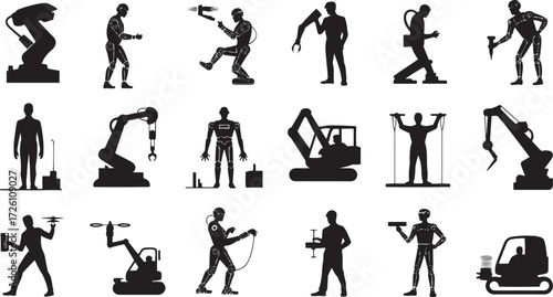 Collection of black silhouettes of robots and human figures in various poses and actions automation