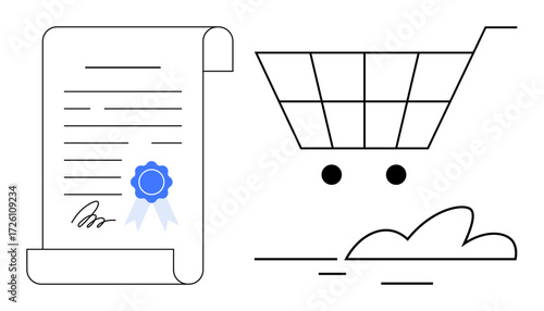 Signed certified document with blue ribbon beside a shopping cart in motion. Ideal for e-commerce, shopping, online contracts, legal agreements, certification, business deals, simple flat metaphor