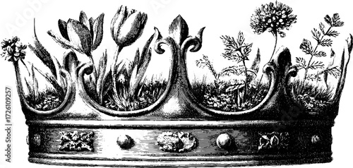 Nature reclaims royalty: hand-drawn crown with moss and plants illustration for vintage design