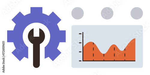 Gear with wrench symbolizing customization and maintenance beside a rising chart for analytics, improvement, and data tracking. Ideal for technology, productivity, efficiency, performance tools