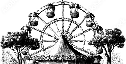 Vintage ferris wheel sketch illustration with trees