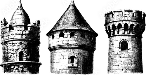 Vintage engraving of fortress towers in hand drawn style for historical design