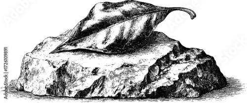 Vintage hand-drawn engraving of fossil leaf on stone for nature history design