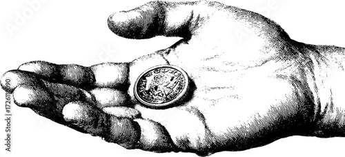 Vintage hand holding coin illustration for retro design and artwork
