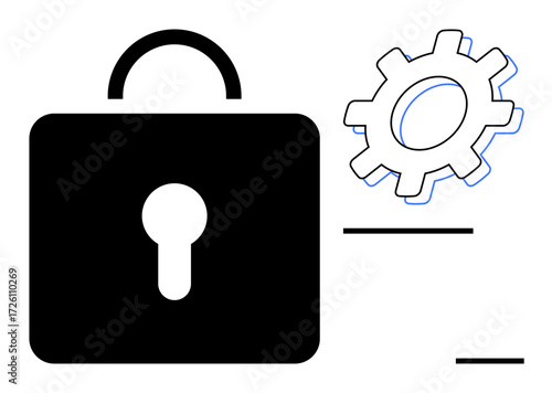 Black padlock with keyhole and adjacent outlined gear symbolizing security, privacy, data protection, settings, maintenance, optimization, and technology. Ideal for cybersecurity, system settings