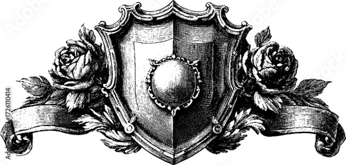 Vintage heraldic shield with roses and ornamental design for emblem and decor