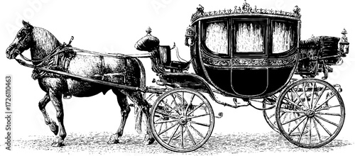 Vintage horse wagon engraving sketch for retro design and decor